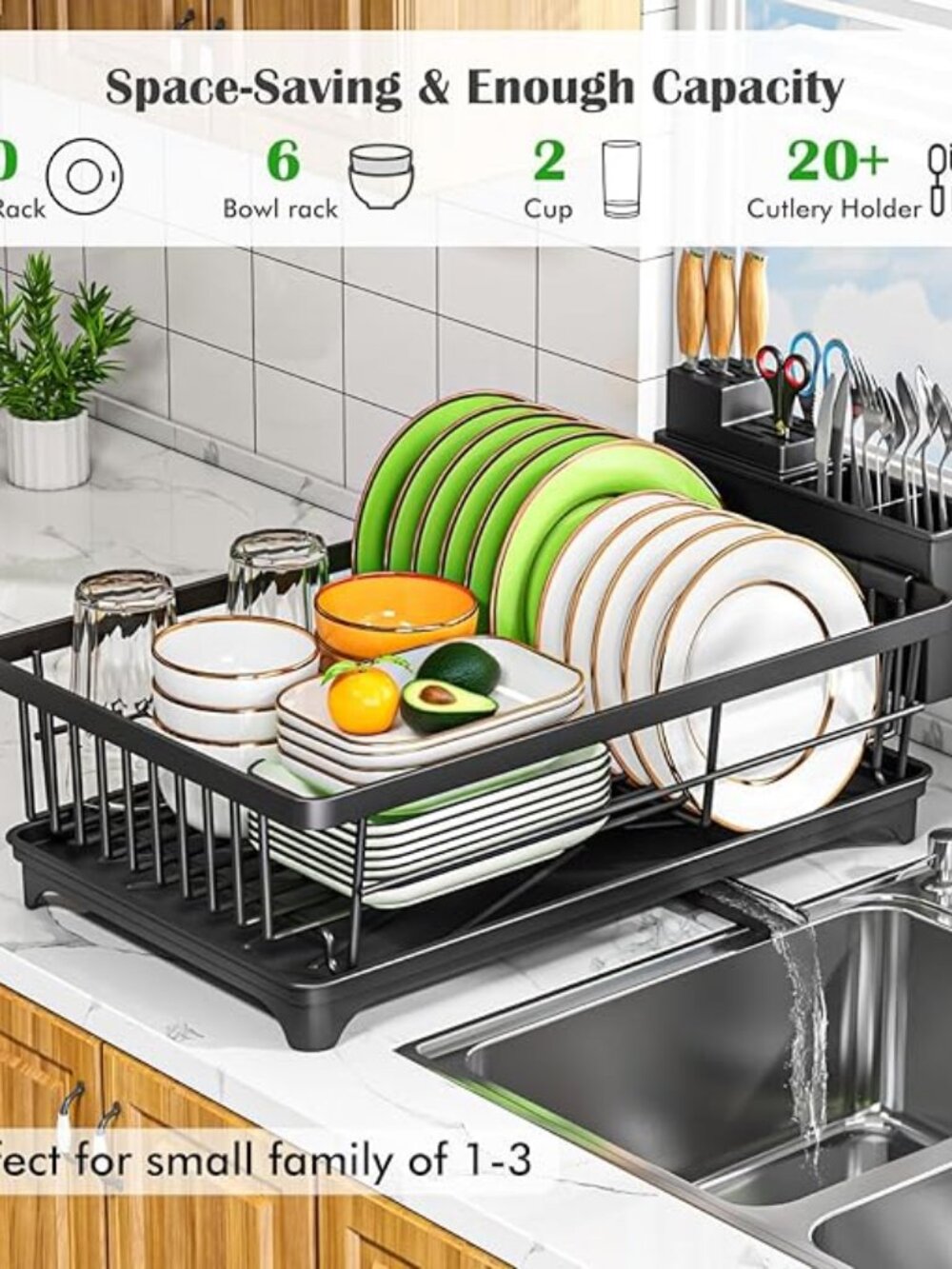 Compact Dish Drying Rack with Utensil Holder, Rust Resistant Organizer - Picture 3 of 7